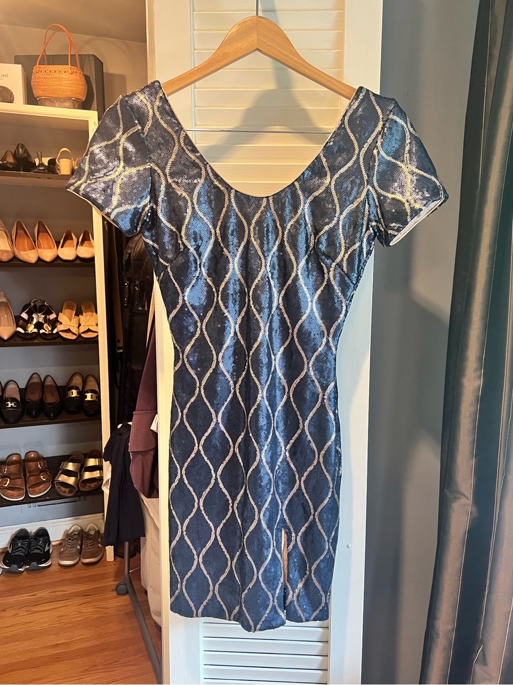 Dress the Population Navy Blue Metallic Patterned Mini Dress